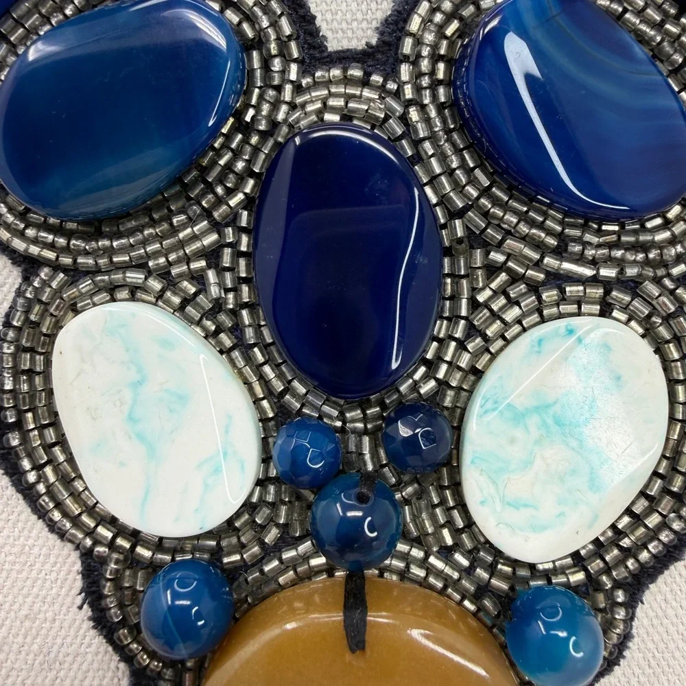 Statement Bib Necklace Blue White‎ Ochre Beaded Ribbon Tie Adjustable Collar